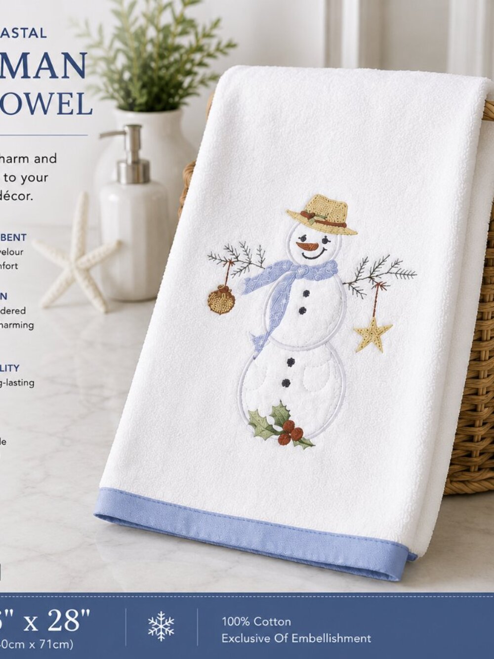 Avanti Coastal Snowman Hand Towel, White